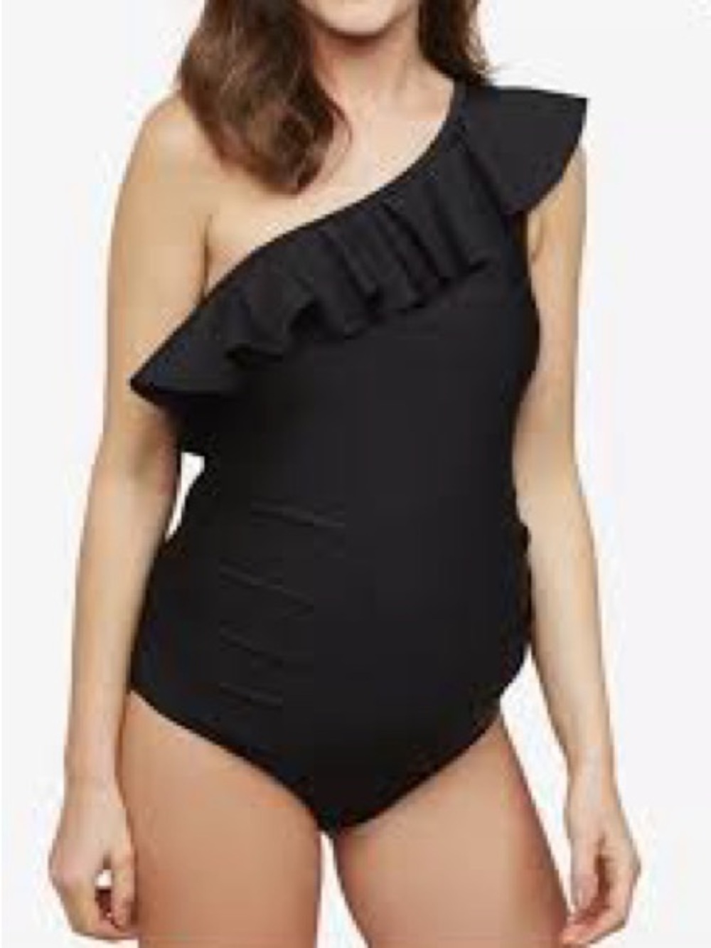 Motherhood Maternity Black One-Shoulder Ruffle One-Piece